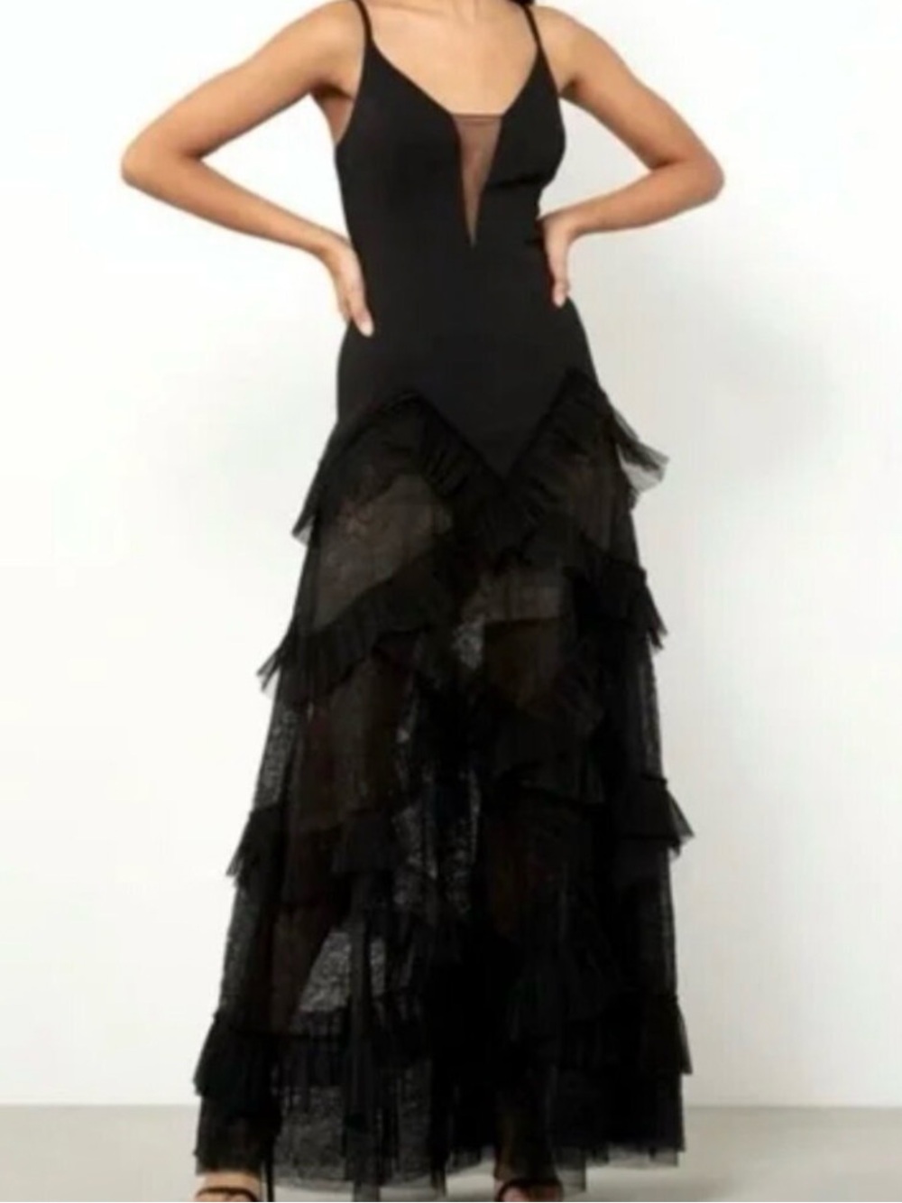 BCBGMaxAzria Black Sheer V-Plunge Tiered Mesh Maxi Dress